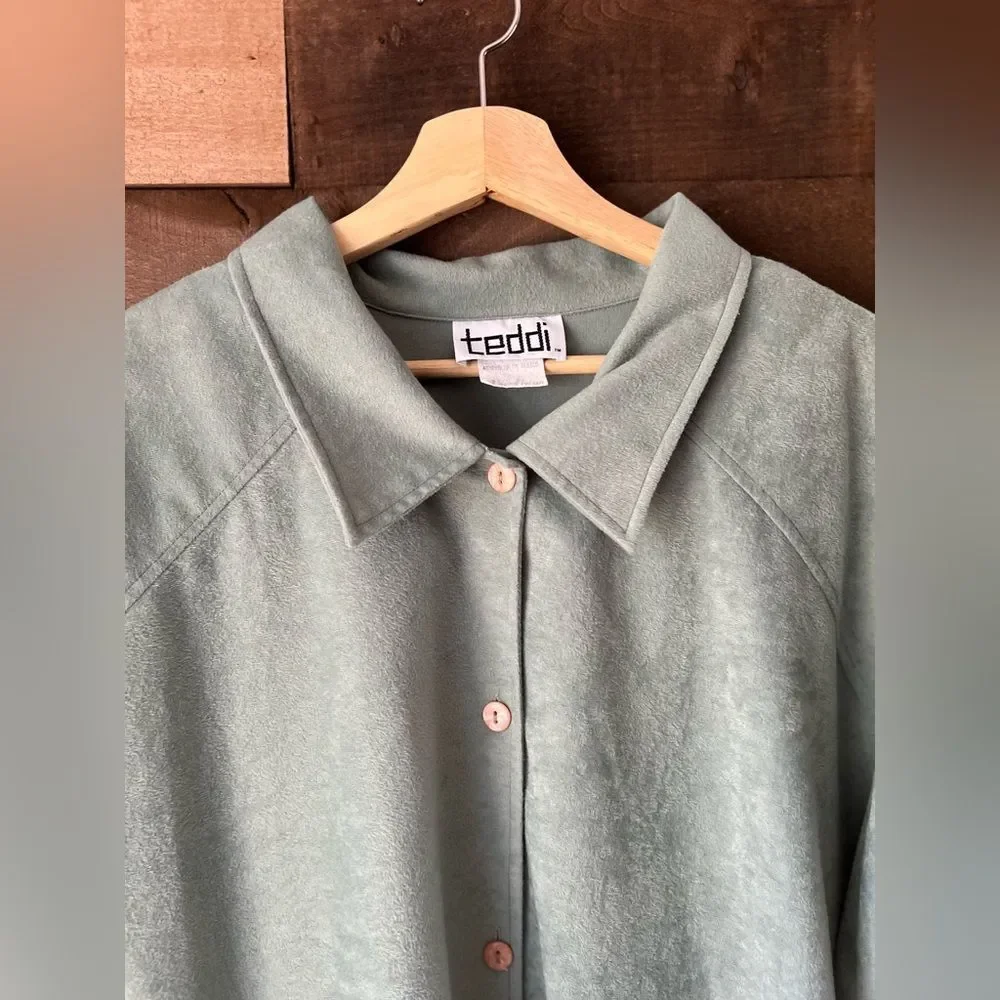 Vintage 80s Seafoam Green Soft Button Up Teddi Lightweight Jacket Plus Size